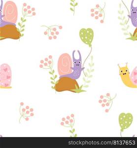 Seamless pattern with cute snails. Funny clam on stone with balloon and happy snail with hearts on white background with berries and decor. Vector illustration. For design, decor, wallpapers, textiles