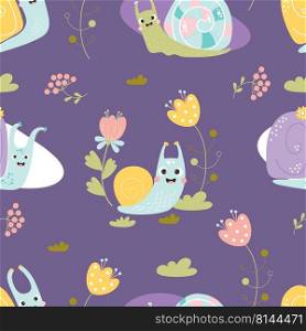 Seamless pattern with cute snails. Insects molluscs with flowers and grass on purple background. Vector illustration. Funny animals for kids collection design, decor, wallpaper, textiles, packaging 