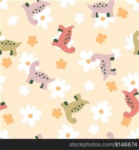 Seamless pattern with cute spotted dinosaurs on floral background. Cute animalistic print for fabric, T-shirt, stationery. Hand drawn vector illustration for decor and design.