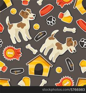 Seamless pattern with cute sticker dogs icons and objects.
