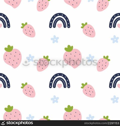 Seamless pattern with cute strawberries and  bright rainbow. Pink background for printing on fabric, textiles and packaging paper. Summer wallpaper in  girl room.