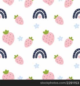 Seamless pattern with cute strawberries and  bright rainbow. Pink background for printing on fabric, textiles and packaging paper. Summer wallpaper in  girl room.