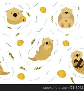 Seamless pattern with cute swimming otters on white background. For textile, prints, wrapping paper, invitation cards. Seamless pattern with cute swimming otters