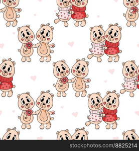 Seamless pattern with cute teddy bears on white background with hearts. Vector illustration. Romantic endless background for valentines, wallpapers, packaging, print