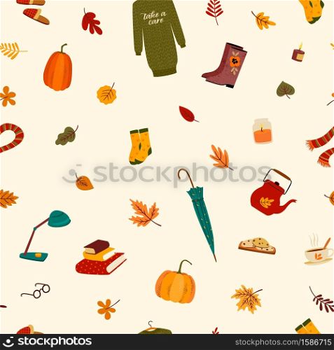 Seamless pattern with cute things and autumn leaves. Vector background for various surface. Trendy hand drawn textures.. Seamless pattern with cute things and autumn leaves.