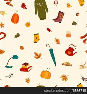 Seamless pattern with cute things and autumn leaves. Vector background for various surface. Trendy hand drawn textures.. Seamless pattern with cute things and autumn leaves.