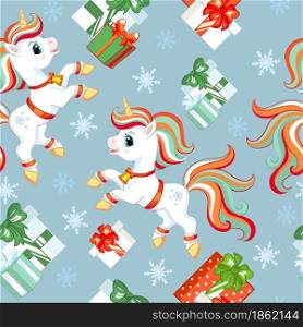 Seamless pattern with cute tiger cubs character, bells and snowflakes. Winter Christmas concept. Vector illustration isolated on turquoise background. For design, print, decor, wallpaper,linen,textile. Vector seamless pattern with baby Christmas unicorns