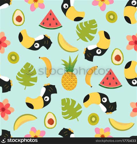 Seamless pattern with cute toucan and exotic flowers, fruits, leaves, background with birds and tropical elements