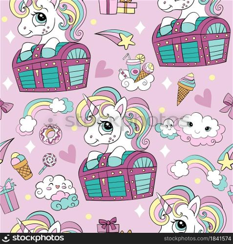 Seamless pattern with cute unicorn and chest, clouds, rainbow and sweets. Magic background with unicorns. Vector illustration in trendy colors. For design, print, decor, wallpaper, linen, textile.. Vector seamless pattern with cute unicorn and chest