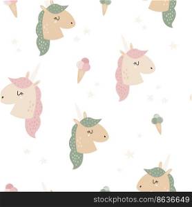 Seamless pattern with cute unicorns and ice cream. Cute design with animal faces for cloth prints, wallpaper, wrapping paper. Seamless pattern with cute unicorns and ice cream