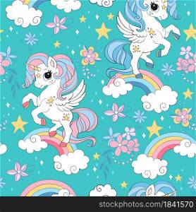 Seamless pattern with cute unicorns, clouds, rainbow and stars. Magic background with unicorns. Vector illustration in trendy colors. For design, print, decor, wallpaper, linen, dishes, textile.. Vector seamless pattern with cute unicorns turquoise