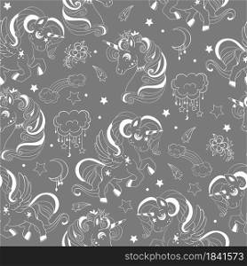 Seamless pattern with cute unicorns, clouds, rainbow and stars. Magic background with unicorns. Vector illustration in trendy colors. For design, print, decor, wallpaper, linen, dishes, textile.. Vector seamless pattern with cute unicorns monochrome