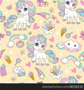 Seamless pattern with cute unicorns, clouds, rainbows and magic elements on a yellow background. Vector illustration for party, print, baby shower, wallpaper, design, decor, dishes, bed linen, apparel. Seamless pattern with unicorns and magic elements vector yellow