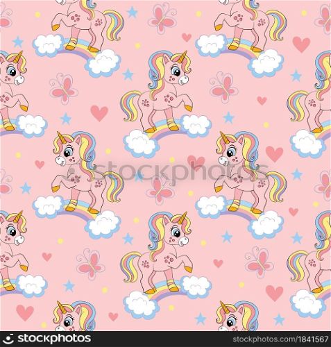 Seamless pattern with cute unicorns on a rainbow, butterflies and hearts. Magic background with unicorns. Vector illustration in pink colors. For design, print, decor, wallpaper, linen,dishes, textile. Vector seamless pattern with cute unicorns on a rainbow pink