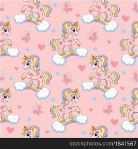Seamless pattern with cute unicorns on a rainbow, butterflies and hearts. Magic background with unicorns. Vector illustration in pink colors. For design, print, decor, wallpaper, linen,dishes, textile. Vector seamless pattern with cute unicorns on a rainbow pink