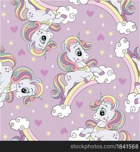Seamless pattern with cute unicorns on a rainbow, clouds and stars. Magic background with unicorns. Vector illustration in trendy colors. For design, print, decor, wallpaper, linen, dishes, textile.. Vector seamless pattern with cute unicorns on a rainbow purple