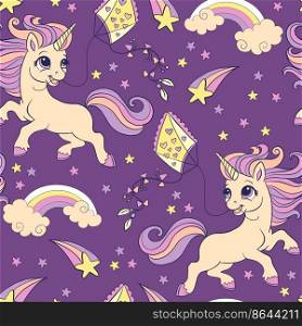 Seamless pattern with cute unicorns with kites, stars and rainbows on purple background. Vector illustration for party, print, baby shower, wallpaper, design, decor, linen, dishes, bed linen, apparel. Seamless pattern with lovely unicorns and kite