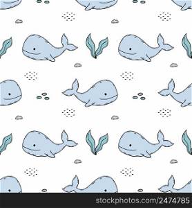 Seamless pattern with cute whale in sea. Endless wallpaper in nursery. Printing on fabric and wrapping paper.