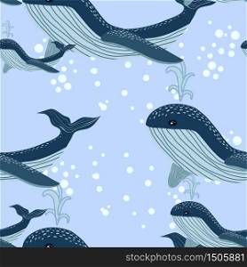 Seamless pattern with cute whales in cartoon style. Seamless pattern with cute whales in cartoon style.