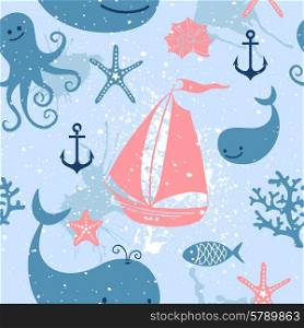 Seamless pattern with cute whales, sailing, octopus. Vector illustration.