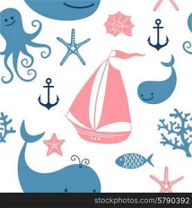 Seamless pattern with cute whales, sailing, octopus. Vector illustration.