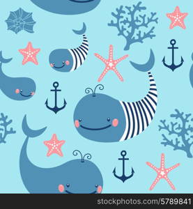 Seamless pattern with cute whales. Vector illustration.