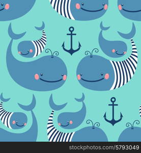 Seamless pattern with cute whales. Vector illustration.