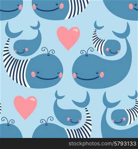 Seamless pattern with cute whales. Vector illustration.