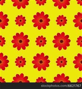 Seamless pattern with dahlia blossom isolated on yellow background. Endless texture with tender flowers in flat style, wallpaper design. Seamless Pattern with Dahila Blossom Isolated