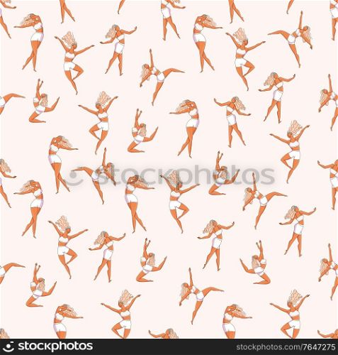 Seamless pattern with dancing girl poses. Female character in different choreographic positions in sportswear. Colorful vector illustration.