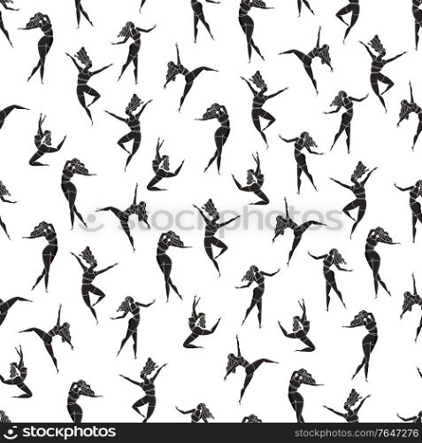 Seamless pattern with dancing girl poses. Female character in different choreographic positions in sportswear. Black and white vector illustration.