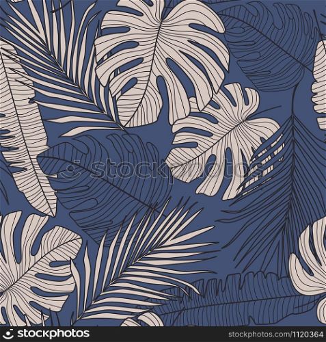 Seamless pattern with dark monstera line leaves on blue background. Tropical pattern, botanical leaf wallpaper. Exotic design for fabric, textile print, wrapping paper. Vector illustration. Seamless pattern with dark monstera line leaves on blue background.