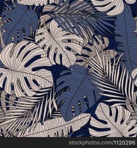 Seamless pattern with dark monstera line leaves. Tropical pattern, botanical leaf wallpaper. Exotic design for fabric, textile print, wrapping paper. Vector illustration. Seamless pattern with dark monstera line leaves.