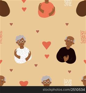 Seamless pattern with dark-skinned elderly couple happy old people. Ethnic old woman and bald old man on light yellow background with hearts. Vector illustration. Love yourself, find time to care