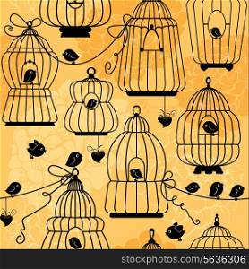 seamless pattern with decorative bird cage Silhouettes on floral background. Ready to use as swatch.