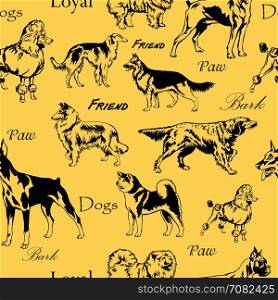 Seamless pattern with decorative black different breeds of dogs (poodle, Chow Chow, Akita, German shepherd, Greyhound, Doberman, setter, boxer) on yellow background
