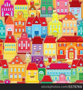 Seamless pattern with decorative colorful houses. City endless background.