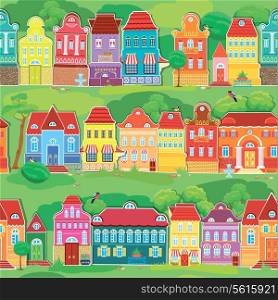 Seamless pattern with decorative colorful houses, spring or summer season. City endless background. Ready to use as swatch.