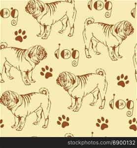 Seamless pattern with decorative contour brown dog pug on beige background