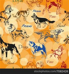 Seamless pattern with decorative dogs (poodle, Chow Chow, Akita, German shepherd, Greyhound, Doberman, setter, boxer) on orange background
