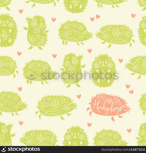 Seamless pattern with decorative hedgehogs. Cute kids background.. Seamless pattern with decorative hedgehogs. Cute kids background. Vector illustration.