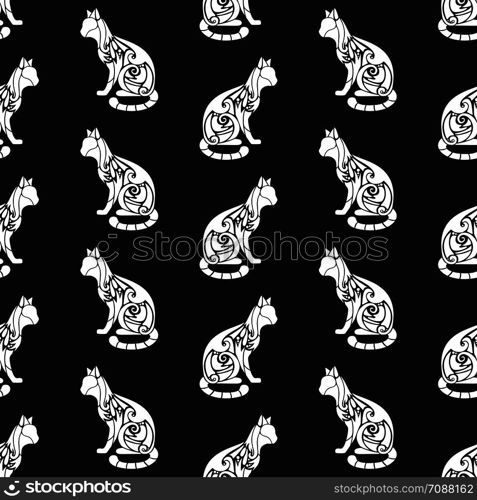 Seamless pattern with decorative ornate cute cat silhouettes. Texture for wallpapers, fabric, wrap, web page backgrounds, vector illustration