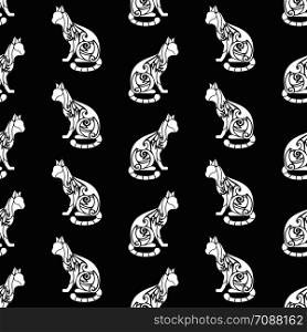 Seamless pattern with decorative ornate cute cat silhouettes. Texture for wallpapers, fabric, wrap, web page backgrounds, vector illustration