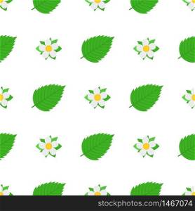 Seamless pattern with decorative strawberry flowers and leaves on white background. Vector illustration for any design.