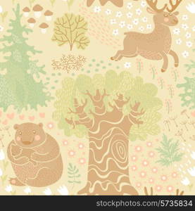 Seamless pattern with deer, bears in the woods. Perfect for a child&#39;s room design, wallpaper, texture surfaces. Vector illustration.