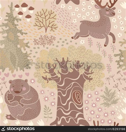 Seamless pattern with deer, bears in the woods. Perfect for a child&#39;s room design, wallpaper, texture surfaces. Vector illustration.