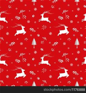 Seamless pattern with deers and snowflakes on red background,Icons of winter season for Christmas holiday,celebration party,new year,fabric,textile,print or wrapping paper,vector illustration