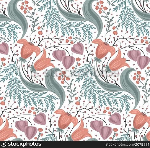 Seamless pattern with delicate floral composition with tulips, berries and physalis on white background. Vector tender natural texture with a bouquet of flowers and branches.. Seamless pattern with delicate floral composition with tulips, berries and physalis on white background. Vector tender natural texture with a bouquet of flowers