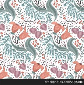 Seamless pattern with delicate floral composition with tulips, berries and physalis on white background. Vector tender natural texture with a bouquet of flowers and branches.. Seamless pattern with delicate floral composition with tulips, berries and physalis on white background. Vector tender natural texture with a bouquet of flowers