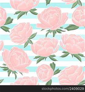 Seamless pattern with delicate pink peonies. Background blooming garden flowers. Sky striped background and bloom. Model for design and packaging. Template vector illustration